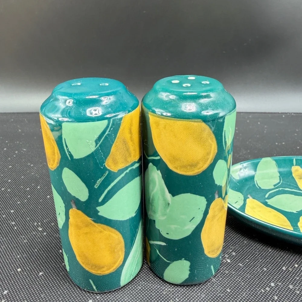 Anthropologie Pear Salt and Pepper Shakers with Tray Teal Green Yellow Ceramic